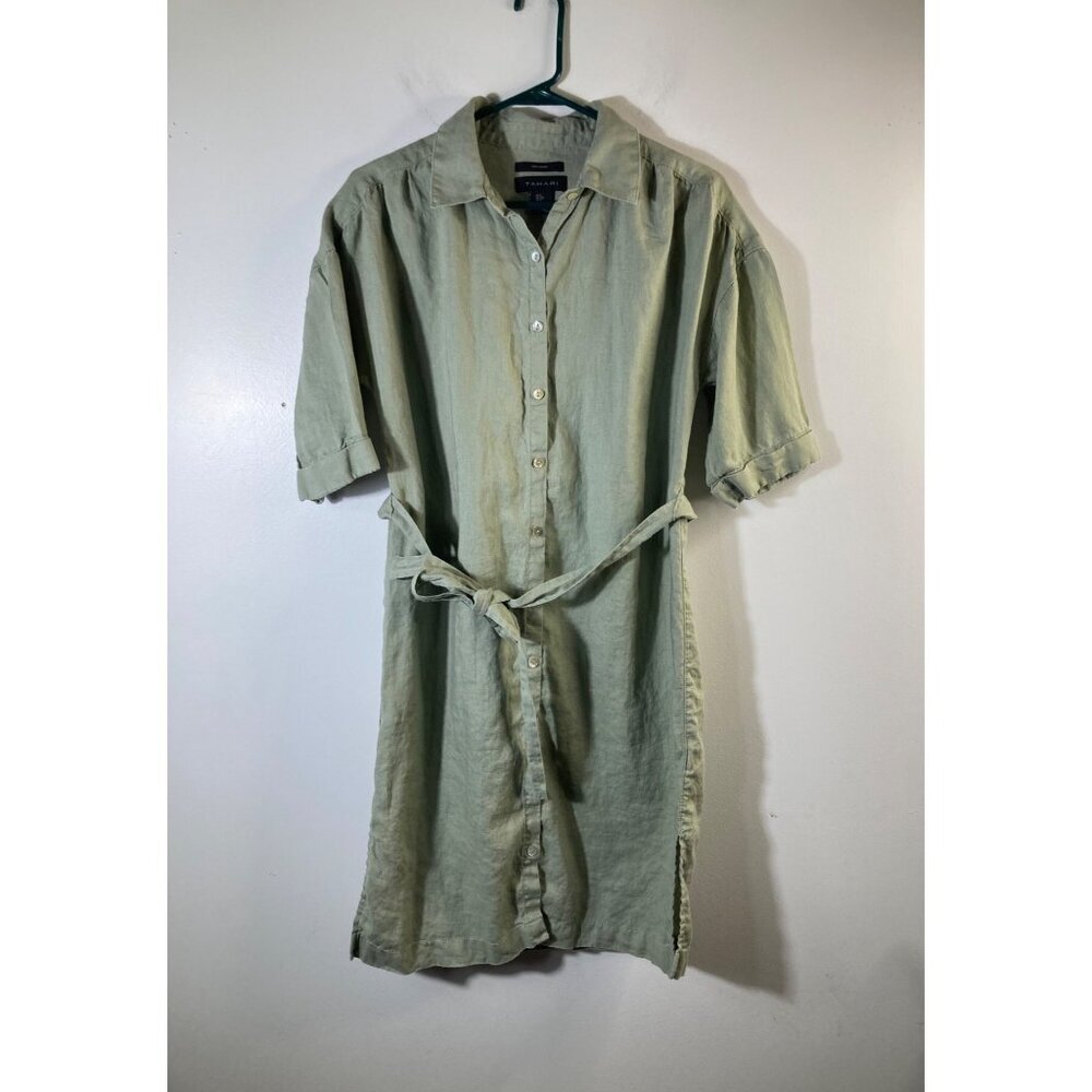 Womens Tahari Linen Button Dress Belt Short Sleeve Side Slit Green‎ S